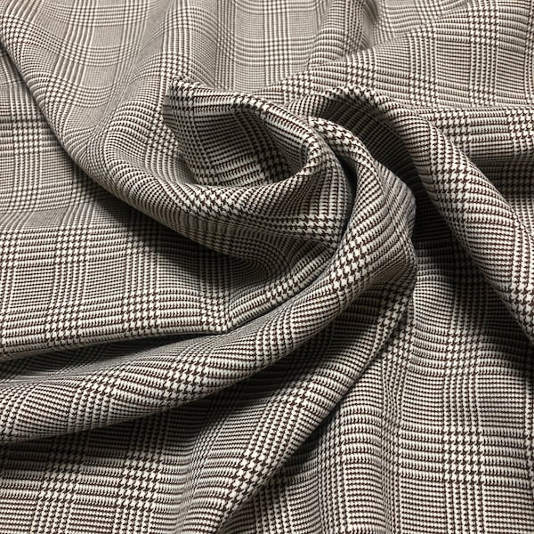 Glen Plaid Wool Blend Tissu Marron Crème vintage années 80 72 X 58 Costume Prince Of Wales Check