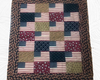 Unfinished Patriotic Lap Or Wall Quilt American Flag Stars Strips Red Beige And Blue 39" X 42"