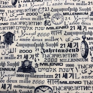 Mllennium 2000 In Different Languages Cotton Fabric  Karen Jarrar Design, Black on Beige
