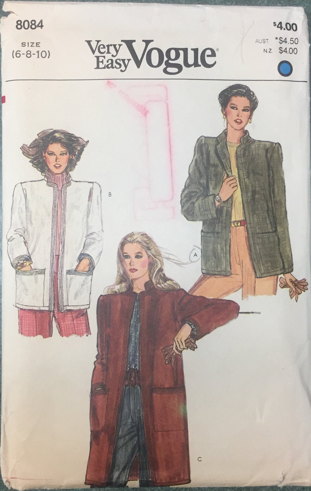 Vintage 1980's Vogue 8084 Very East Vintage 1980's Loose Fitting Jacket ...