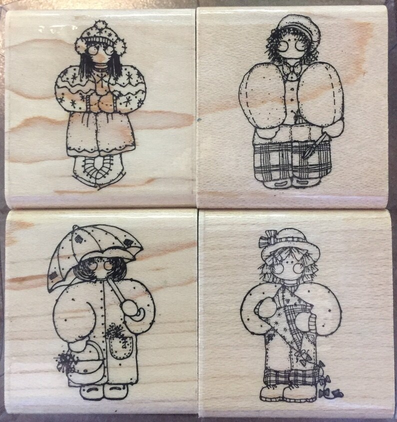 DOTS Set of 4 Ragdoll Hostess Gift Wood Mounted Rubber Stamps Retired