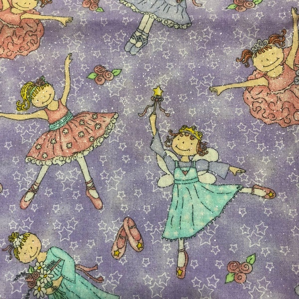 Pirouette Princess Silver Sparkles With Stars On Purple Cotton Fabric Tammy DeYoung General Fabrics  22" X 42" Retired