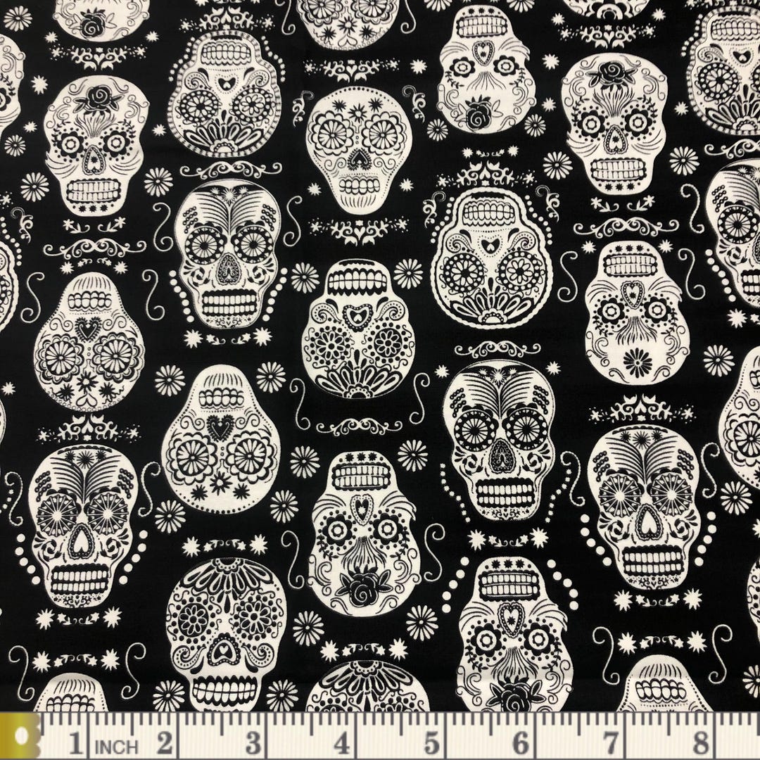 Skulls Cotton Fabric: Black and White Sugar Skulls - Timeless Treasures ...