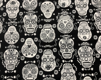 Skulls Cotton Fabric: Black and White Sugar Skulls - Timeless Treasures