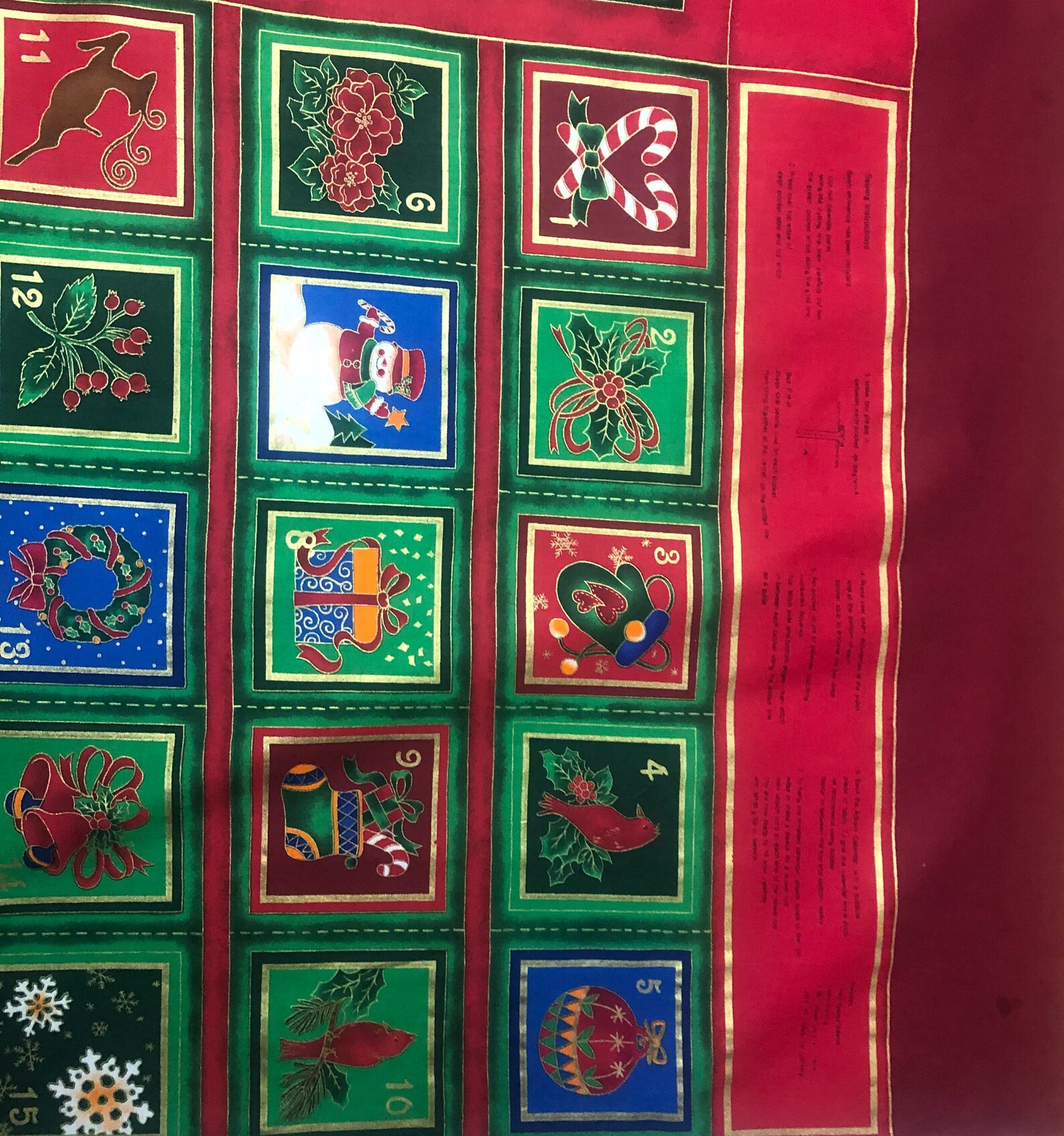 Advent Calendar Fabric Quilt Panel Cotten Noel Snowman Deer | Etsy