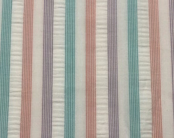 Vintage Pastel Striped Seersucker Cotton Fabric Green Red Purple On White BTY