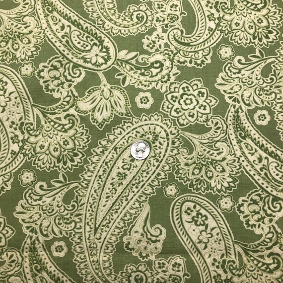 Boteh Green & White Upholstery Fabric Paisley Floral Pattern 