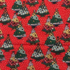 Patchwork Christmas Tree&#39;s Red With White Polka Dot Background Bright Cotton Fabric Vintage 1990&#39;s BTY