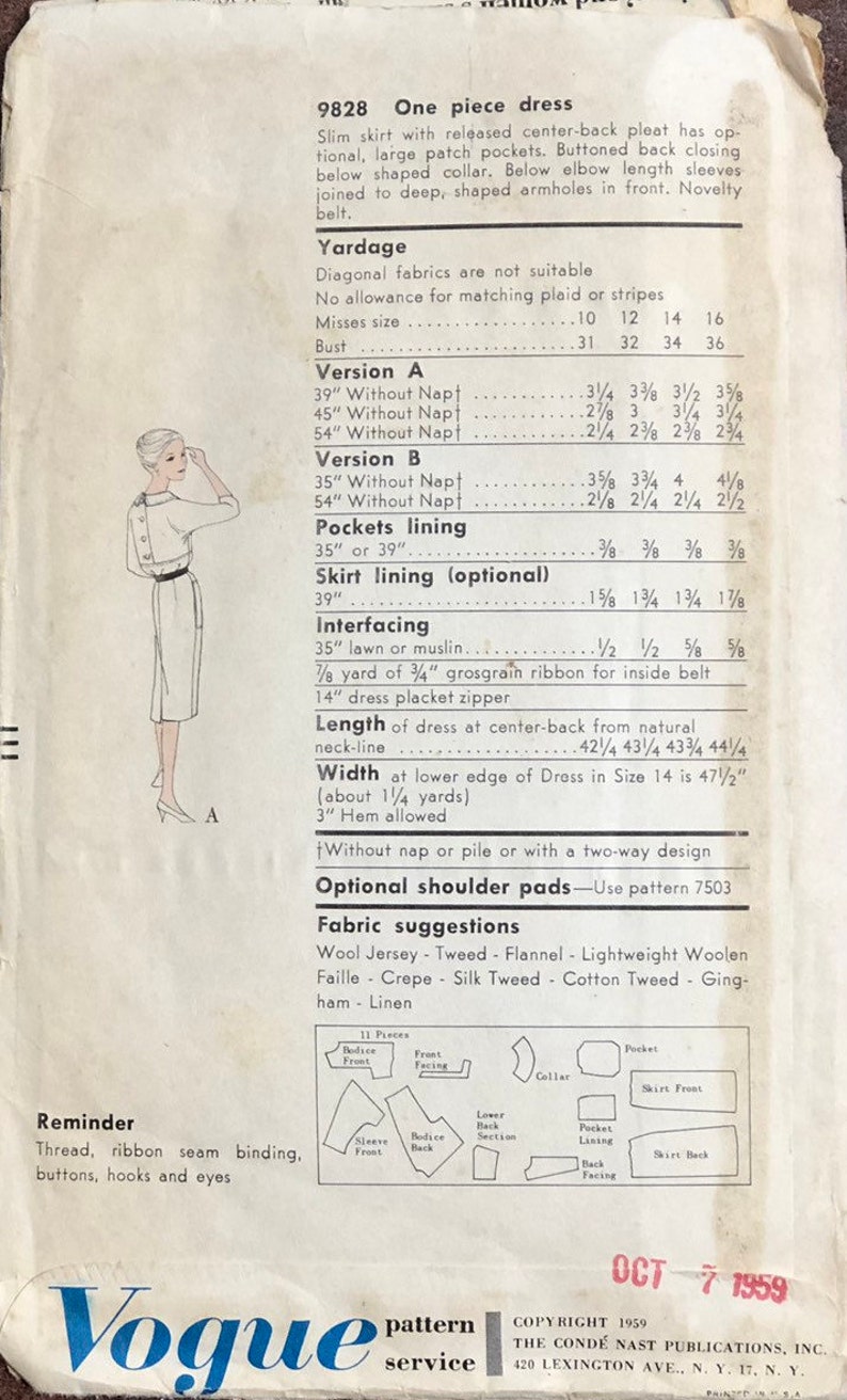 Vintage 1950's Vogue 9828 One Piece Slim Pencil Dress | Etsy