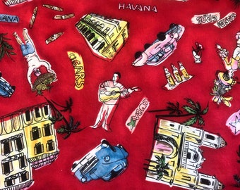 Robert Kaufman 2909 Havana Latin Dancer Musican Cars Palm Trees RED Cotton Fabric RARE 70" X 43" Made In USA