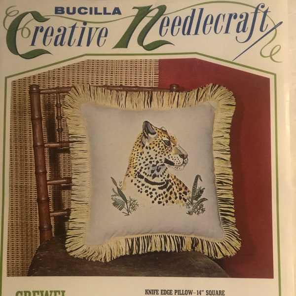 Bucilla Leopard Pillow Kit Creative Crewel Needlecraft 14" Fringed Decorator Square Knife Edge Pillow Kit 2993 Vintage 1969