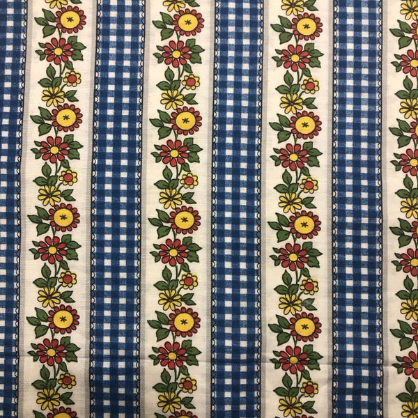 Tissu de décoration kitsch à carreaux vichy et rayures florales dans les années 80, bleu, rouge, jaune et vert des années 80, 72 x 46 po, 2 mètres