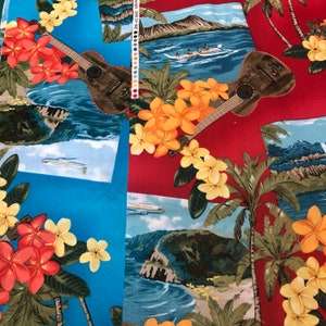 PTrendtex Fabric Hawaii Collage Cotton Fabric Diamond Head Volcano, Ukulele, Waterfall, Canoe, Plumeria OOP 2006 Choice Of Red Or Blue