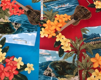 PTrendtex Fabric Hawaii Collage Cotton Fabric Diamond Head Volcano, Ukulele, Waterfall, Canoe, Plumeria OOP 2006 Choice Of Red Or Blue