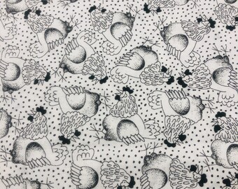 Barnyard Chickens Black & White Cotton Fabric Fabric Traditions 2001 BTY