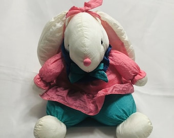 Vtg Dept 56 Bunny Rabbit Long Floppy Ears White Pink Teal 9" Pink Bow Doll Nylon