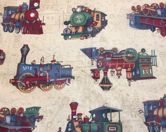 Locomotive Trains Allover Cotton Fabric Cranston Novelty Quilt Sew Retired BTY