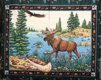 Northwoods Moose Large Fabric Panel Canoe Squirrel Eagle Deer Cabin Home Decor 44 X 36 OOP