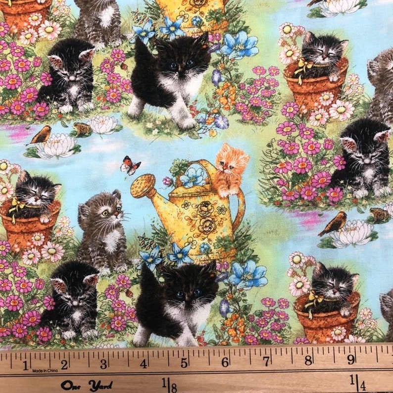 Kitty's Garden Robert Kaufman Cotton Fabric Kittens Etsy