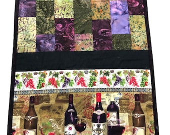 Quilted Table Runner Handmade Wine Bottles, Grapes, Cabernet Pinot Noir Batik Purple, Black, Green Design 42 1/2" X 14"