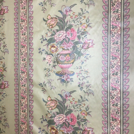 Mcm Cotton Chintz Fabric Floral Pink Green Wallpaper Print Etsy
