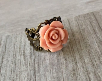 Pink Rose Ring, Adjustable Filigree Ring, Bronze Ring, Rose Ring,Pink Cocktail Ring,Everyday Ring, Gift for her,Vintage pink roses