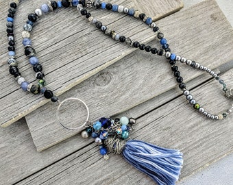 Blue Tassel Necklace, Long Beaded Tassel Necklace for women, Extra Long Necklace,Boho Necklace, Angelite Necklace, Tassel Necklace