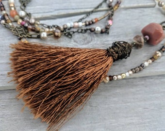 Bronze beaded long tassel necklace extra long tassel necklace, long semi-precious stone necklace, beaded necklaces for women, holiday gift