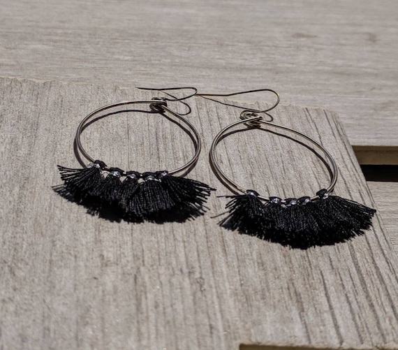 Black Tassel Hoop Earrings Black Earrings, Stainless Steel Hoop