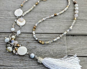 White Long Tassel Necklace, Long Beaded Tassel Necklace for women, Extra Long Necklace,Boho Necklace, Pearl Necklace, White Tassel Necklace