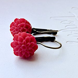 Red Flower Dangle Earrings, Dangle Earrings, Dahlia  Earrings, Red Dahlia, Red Flower Earrings, Crimson Red Spring Floral Accessories Garden