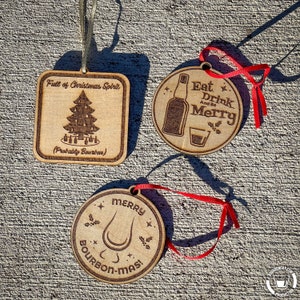 Bourbon-Themed Christmas Ornaments – Set of 3 Laser-Engraved Wooden Designs