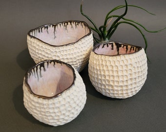 Jolis pots oursins, ensemble de 3 pots d'inspiration nature ,Porcelaine Rose et or, Inspiration maritime, Littorale