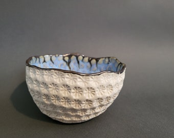 Sea Urchin Pot, Blue Textured Ceramic Pot, Gold and Aqua Ceramic,  Delicate Modern Sea Urchin Dish,