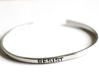 RESIST Stamped Aluminum Cuff Bracelet: Stackable Skinny Band
