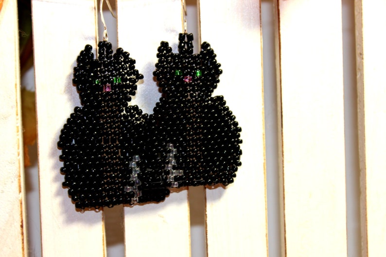 Black Cat Earrings Beaded Black Cat Earrings Cat Earrings image 0