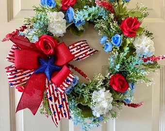 Patriotic grapevine wreath for front door, July 4th celebration wreath, USA wreath, red white blue wreath