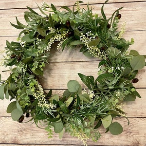 Olive, faux mixed eucalyptus, rosemary wreath, farmhouse wreath for front door, everyday greenery wreath, spring wreath, handmade gift