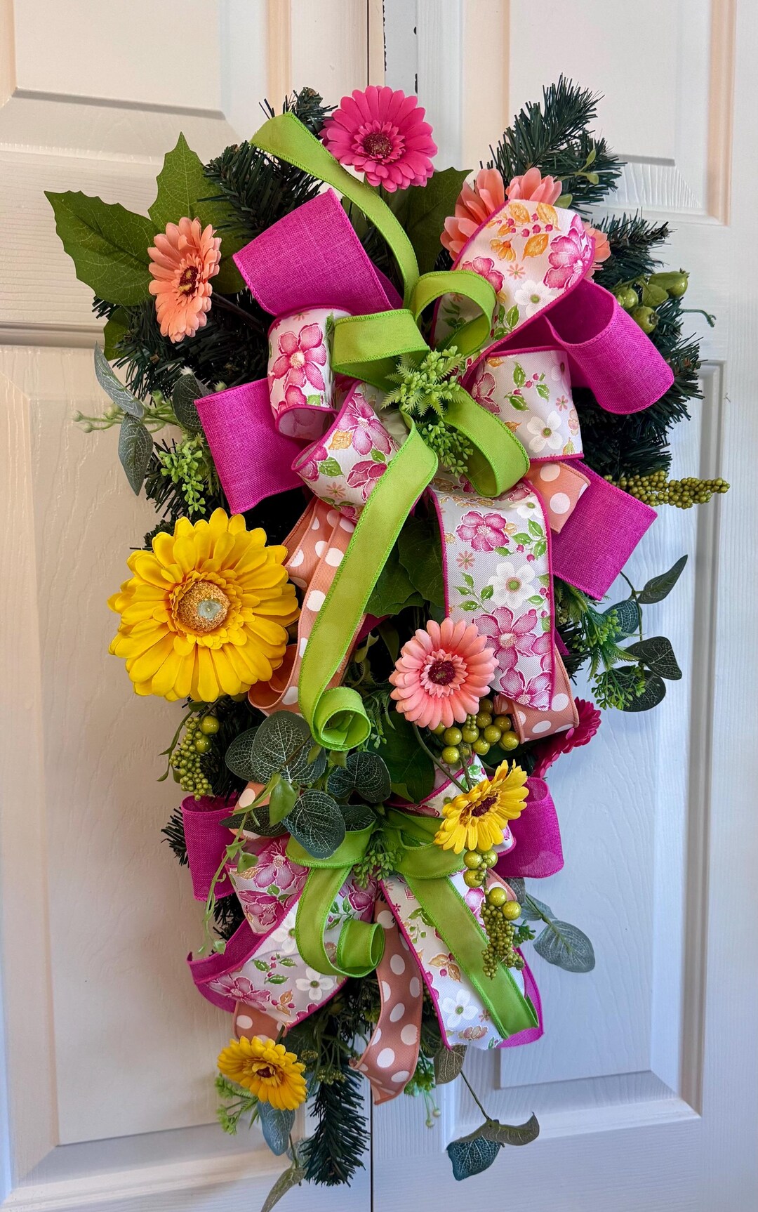 Spring Swag for Front Door, Summer Teardrop Swag, Gerbera Daisy Swag ...
