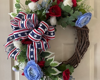 Americana grapevine wreath for front door,  patriotic grapevine, July 4th wreath, Memorial Day wreath