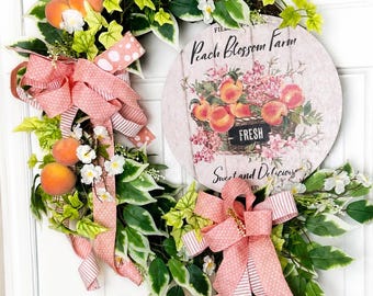 Peach  grapevine wreath, spring summer wreath for front door, Mother's Day wreath, coral wreath with bow