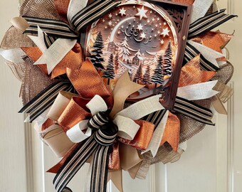 Winter scenery wreath for front door, burlap mesh wreath with copper ribbon, trees and stars wreath, Christmas  wreath