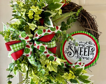 Watermelon grapevine wreath for front door, red and apple green wreath for porch door, spring summer wreath with watermelon ribbon