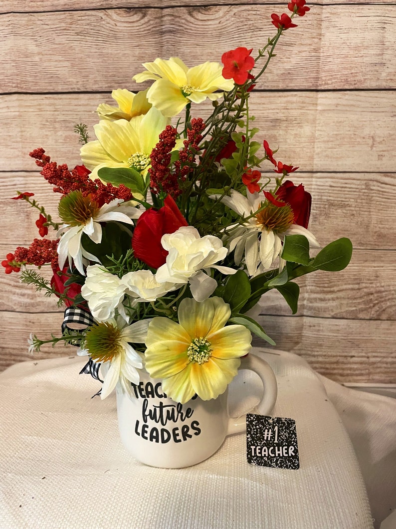 Teacher gift, floral arrangement for teacher in mug, end of school year gift, teacher mug image 1