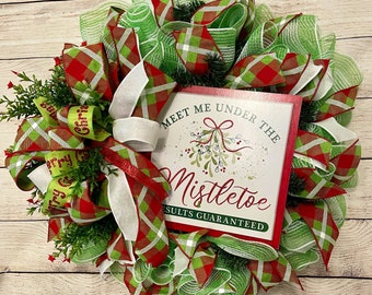Christmas mistletoe wreath, Christmas wreath for front door, large holiday mesh wreath,