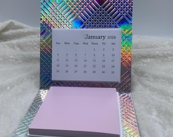 2026 Calendar, Desk style, Embossed Iridescent Silver theme, Handmade