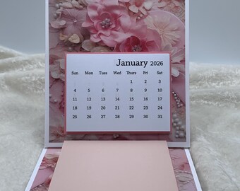 2026 Calendar, Desk style, Flowers & Pearls theme, Handmade