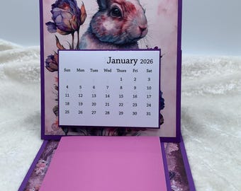 2026 Calendar, Desk style, Bunny theme, Multicolor, Handmade
