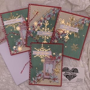 Handmade Christmas Cards, Set of 4, Holly & Snowflake theme