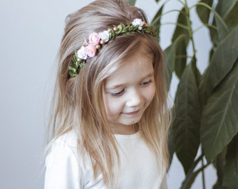 Flower Girl Crown: White & Pink Floral Headband, Greenery
